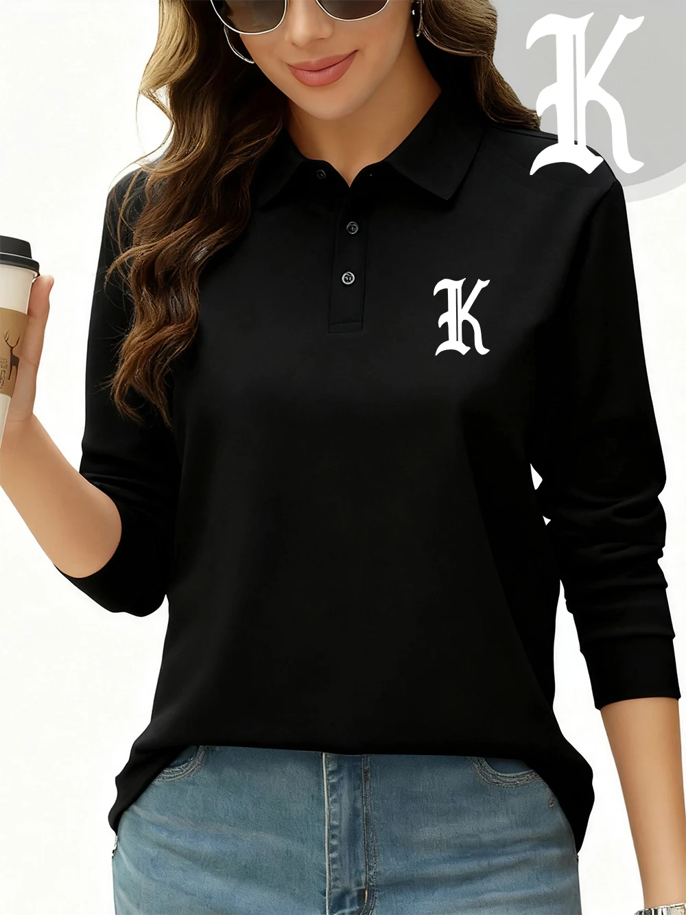 

Letter K Printing Polo Shirts Womens All Season Breathable Lapel T-Shirts Sporty Long Sleeves Tops Casual Basic Womans Clothes