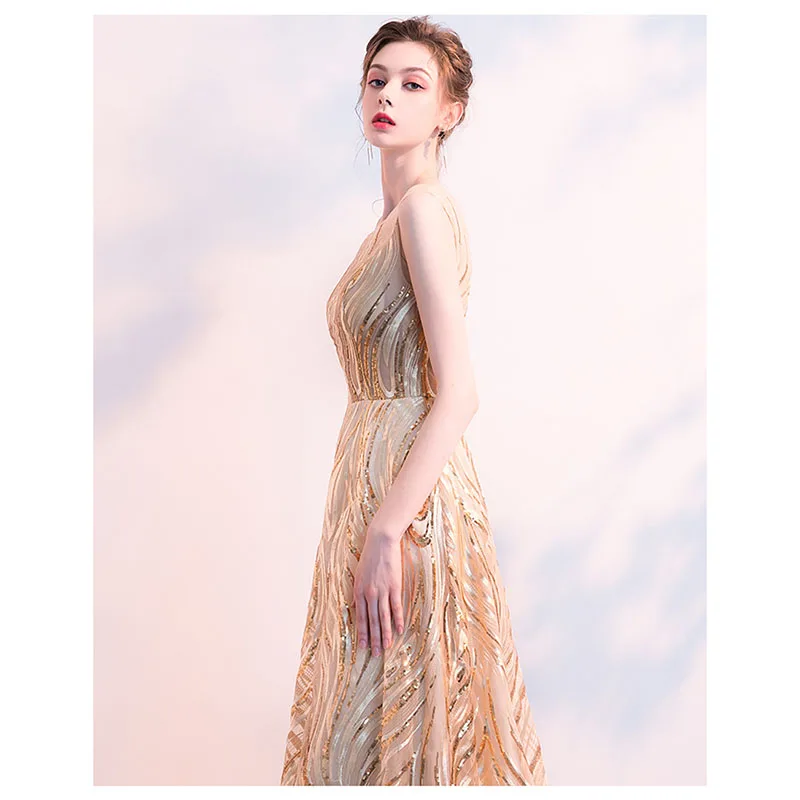 Robe de mariée à paillettes dorées, col rond, tulle brillant, longueur au sol, fouet de conception, robe de soirée à la mode, luxe haut de gamme, indépendant, nouveau