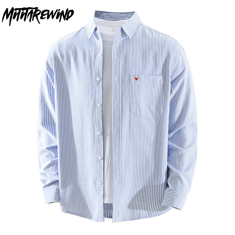 

Japanese Style Long Sleeve Striped Shirt Men Lapel Casual Pure Cotton Oxford Shirts Male Pocket Heart Embroidery Shirt 2026 New