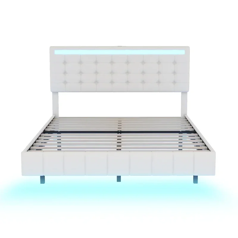FashionVisual Floating Queen Size LED Floating Bed Frame With Storage Headboard Upholstered Platform，with Charging Station