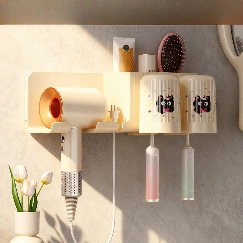 Hair Dryer Holder No Drill Wall Mounted Bathroom Organizer Storage Rack for Hairdryer Brush Toothbrush