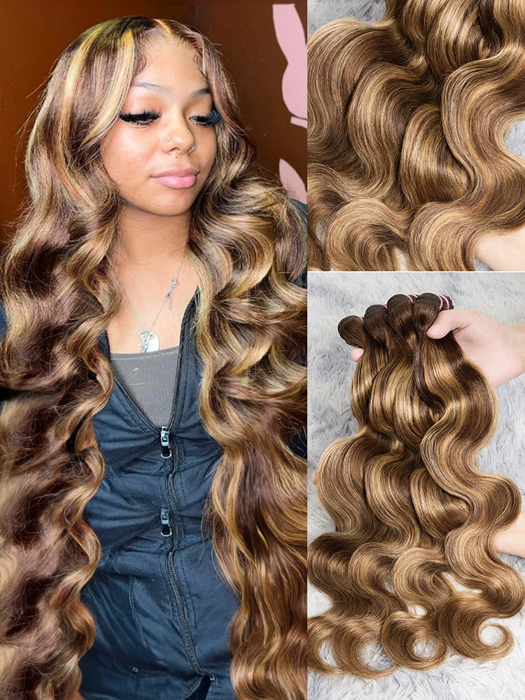 

Honey Brown Brazilian 26 28 Inch 4/27 Colored Remy Hair Extensions Ombre Highlight Body Wave Hair Bundles 100% Human Hair Weave