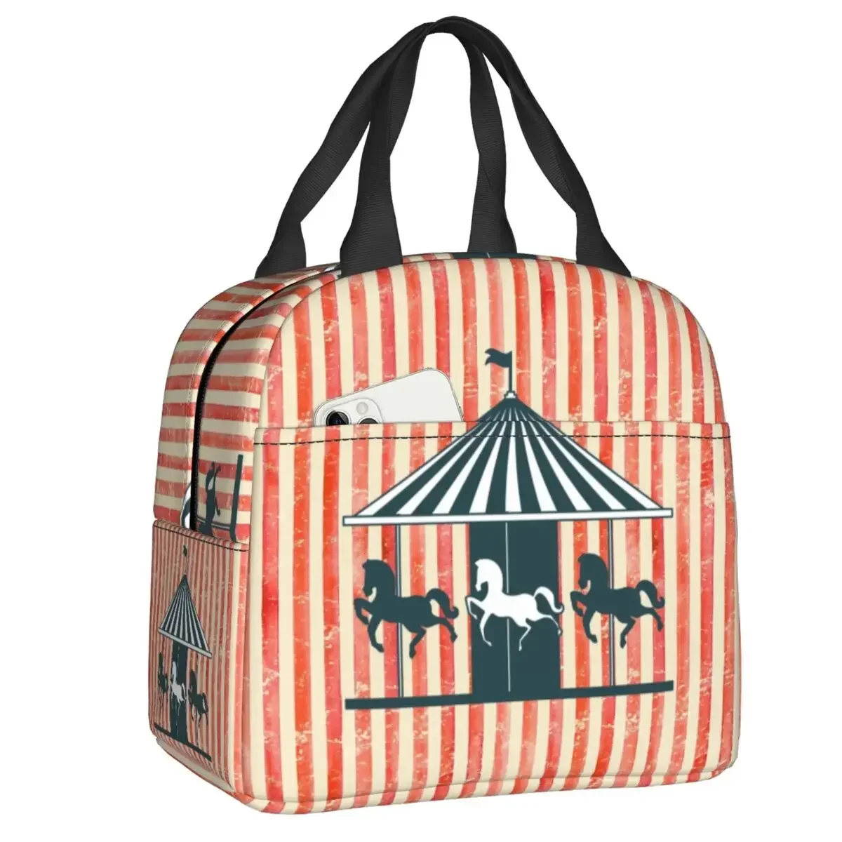 

Custom Horse Carousel Stripes Thermal Insulated Lunch Bag Amusement Park Resuable Lunch Container Travel Multifunction Food Box