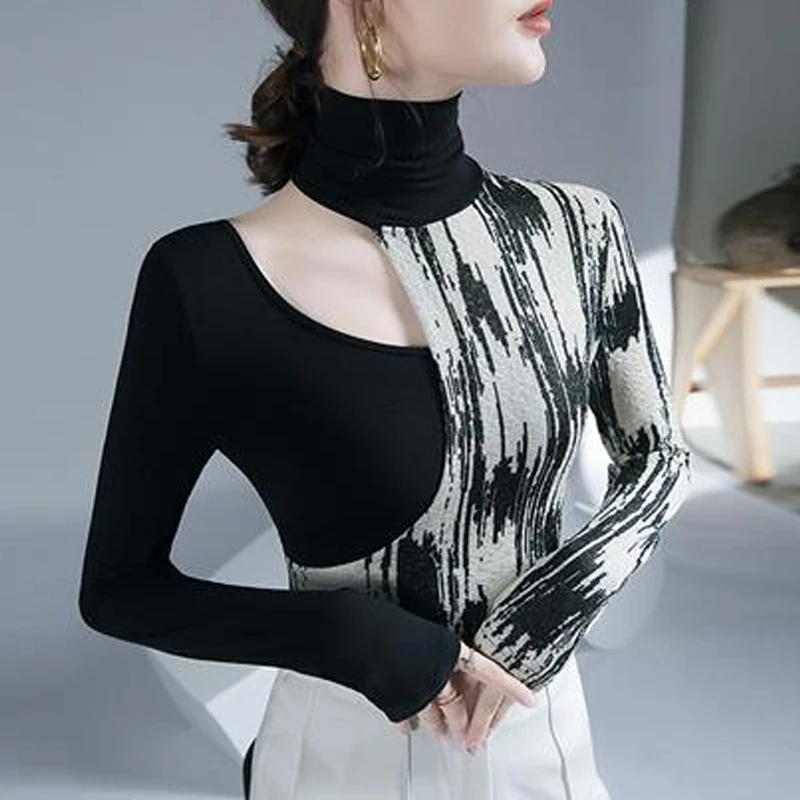 Autumn Winter New Turtleneck Long Sleeve Fashion T-Shirts Women High Street Printing Hollow Out Pullovers Elegant Slim Chic Top