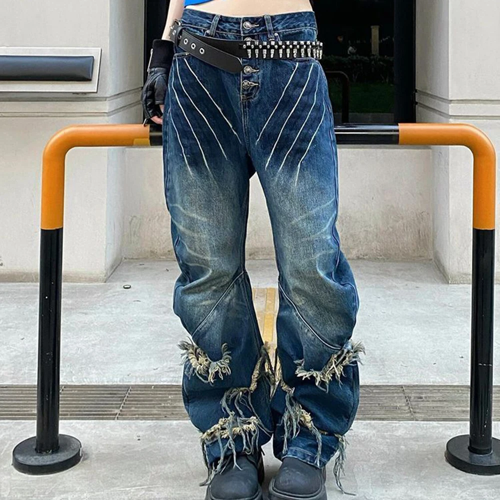 American high street washed damaged claw mark splicing jeans children's new design sense ripped rough  trousers