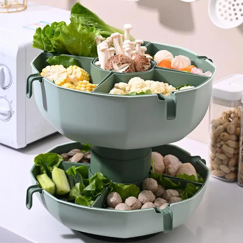 

2 Tier Rotating Drain Basket Multifunctional Fruit Vegetable Plate Hot Pot Storage Rack Strainer Kitchen Fruit Snack Tray Shelf