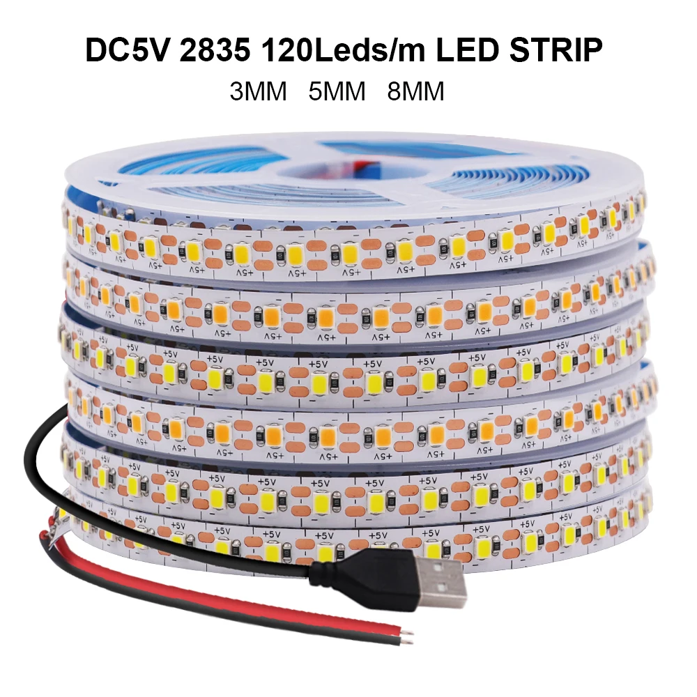 방 장식용 LED 스트립 조명, 유연한 LED 테이프 리본 다이오드, USB, 2PIN 와이어 LED 조명, 5V 2835, PCB 너비, 120Leds/m, 3mm, 5mm, 8mm