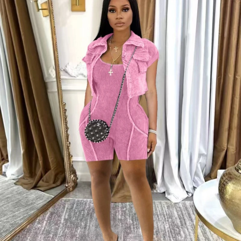 

Women Cotton Ribbed 2 Piece Set Sleeveless Shorts Jumpsuits + Turn Down Collar Open Stitch Coat Slim Playsuits Streetwear Suits
