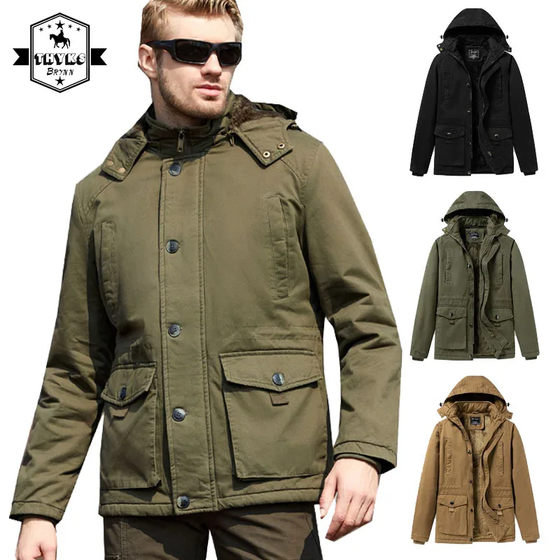 Winter Thicken Hooded Windproof Jacket Mens Cotton Warm Wear-resistant High Quality Cargo Coat Male Outdoor Hiking Fleece Jacket