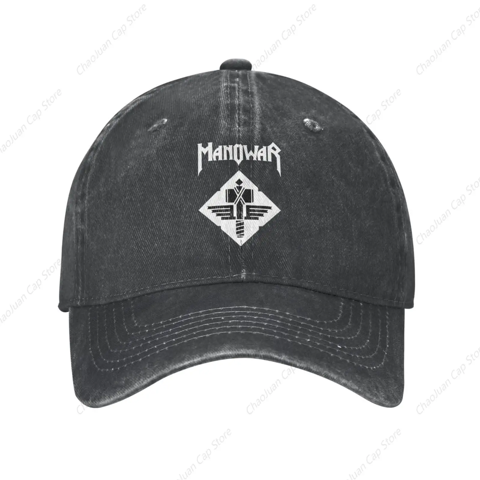 Vintage Denim Washed Baseball Cap Manowars Band Jeans Hats Adjustable Trucker Hat for Men Women Black