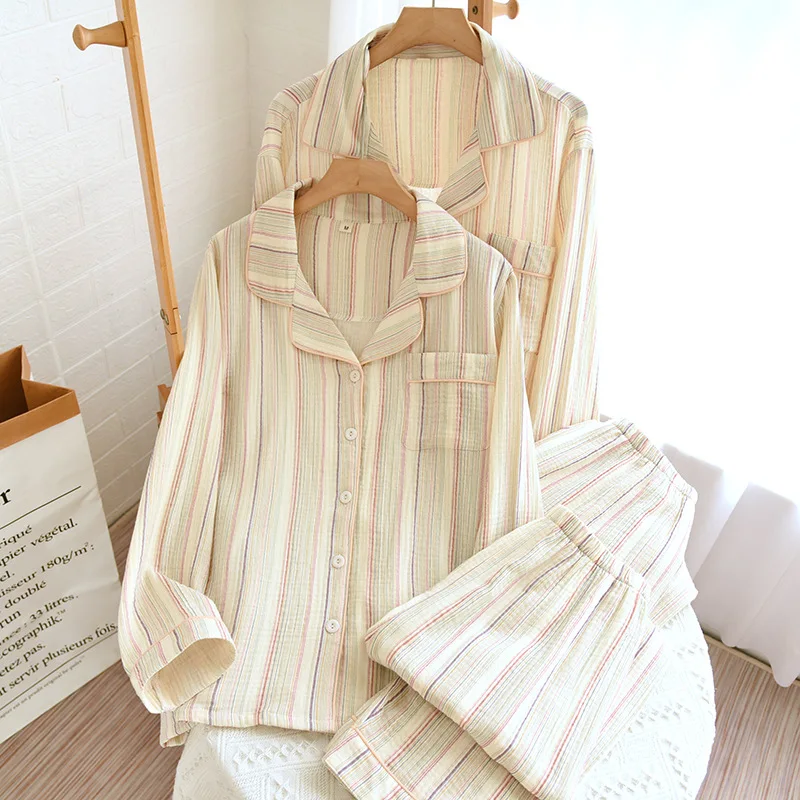 2023 Autumn Striped Crepe Double Layer Gauze Couple Pajamas Cotton Long Sleeve Trousers Sleepwear Men's and Women's Home Clothes