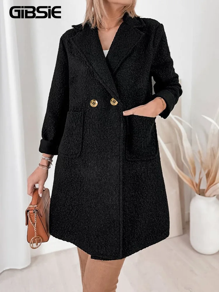 Gibsie plus size entalhado pescoço duplo breasted casaco de lã outono inverno feminino elegante outerwear bolsos solto preto casacos longos