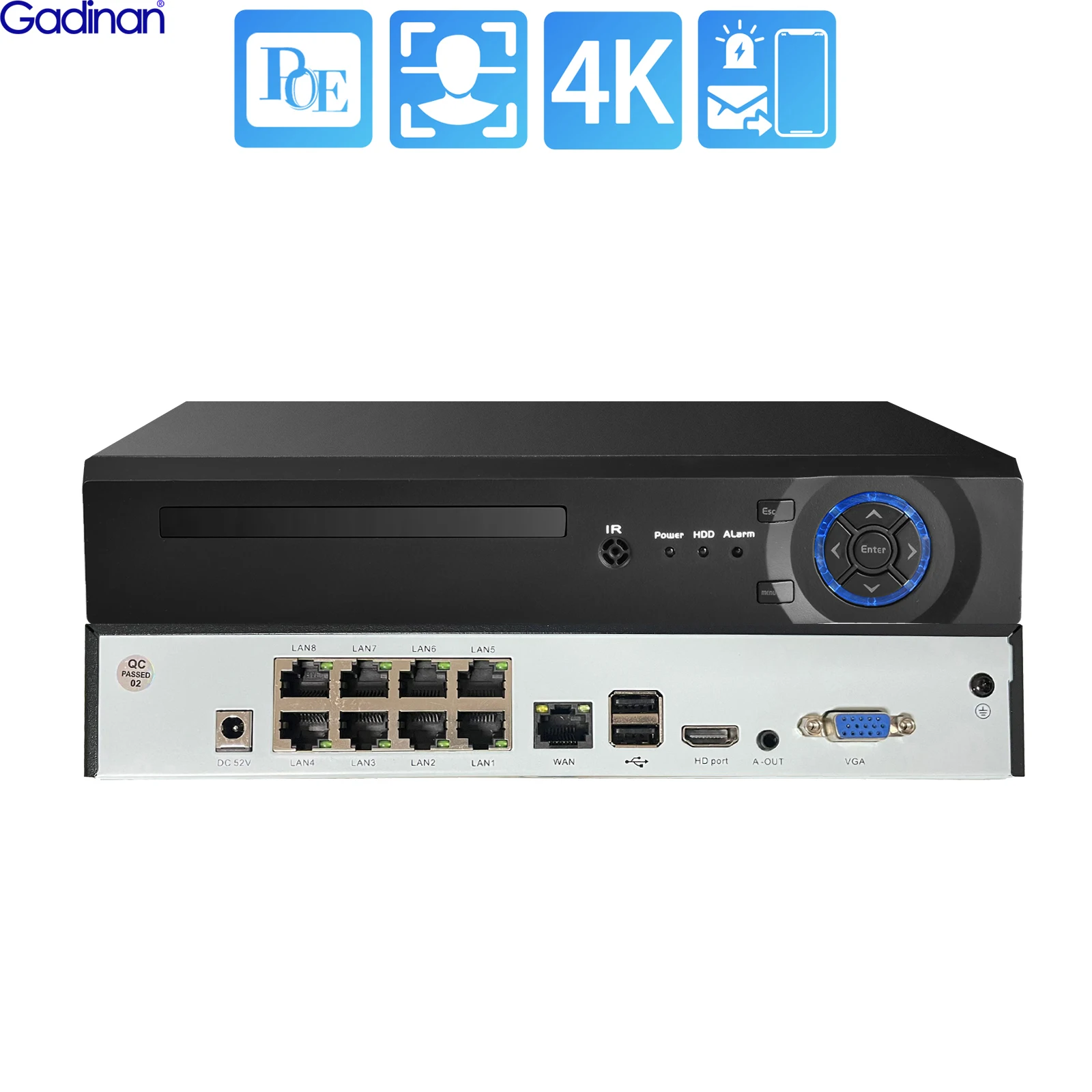 Gadinan H.265 4CH 8CH 16 kanałów POE NVR wykrywania twarzy bezpieczeństwa kamery monitoringu CCTV 5MP 8MP 4K Audio sieciowy rejestrator wideo dla kamery IP