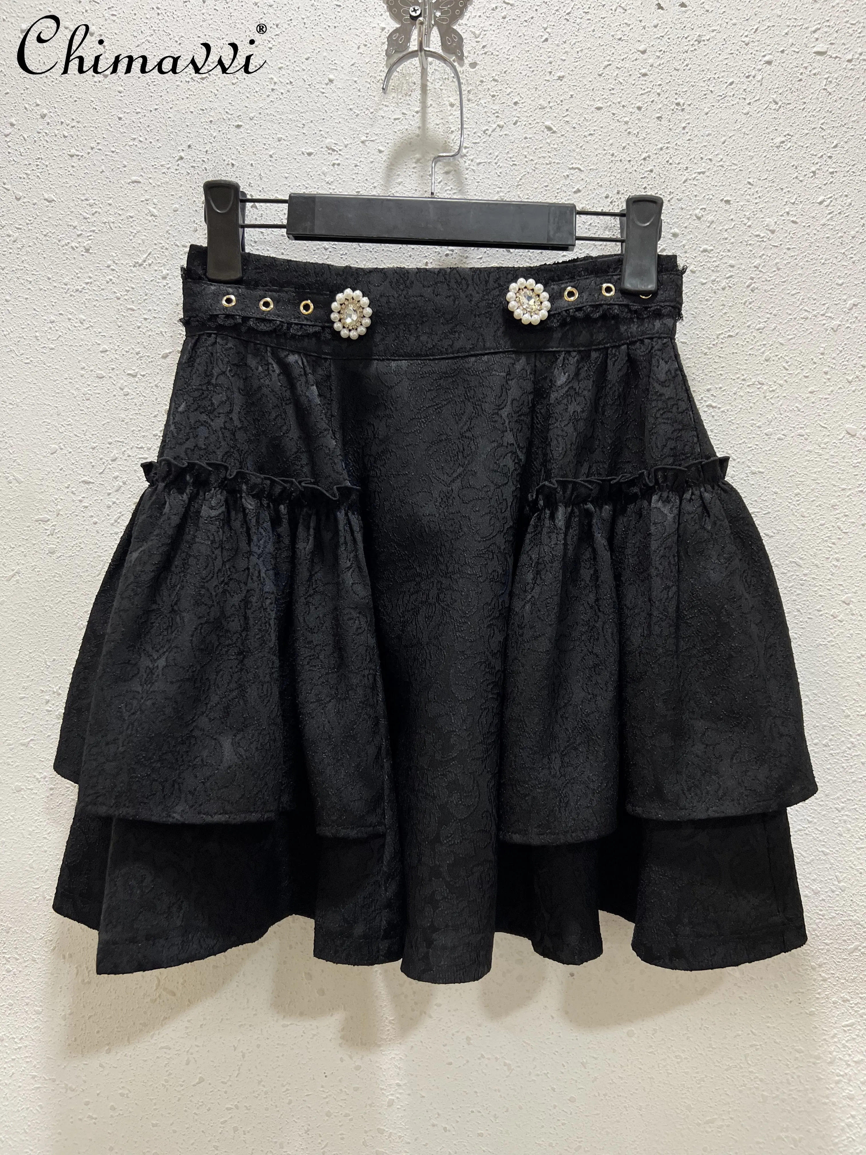 Spódnica Rojita Mine Mass-Produced High Waisted Rhinestone Button Jacquard Black Skirts Jesienna damska plisowana mini spódniczka w kształcie litery A