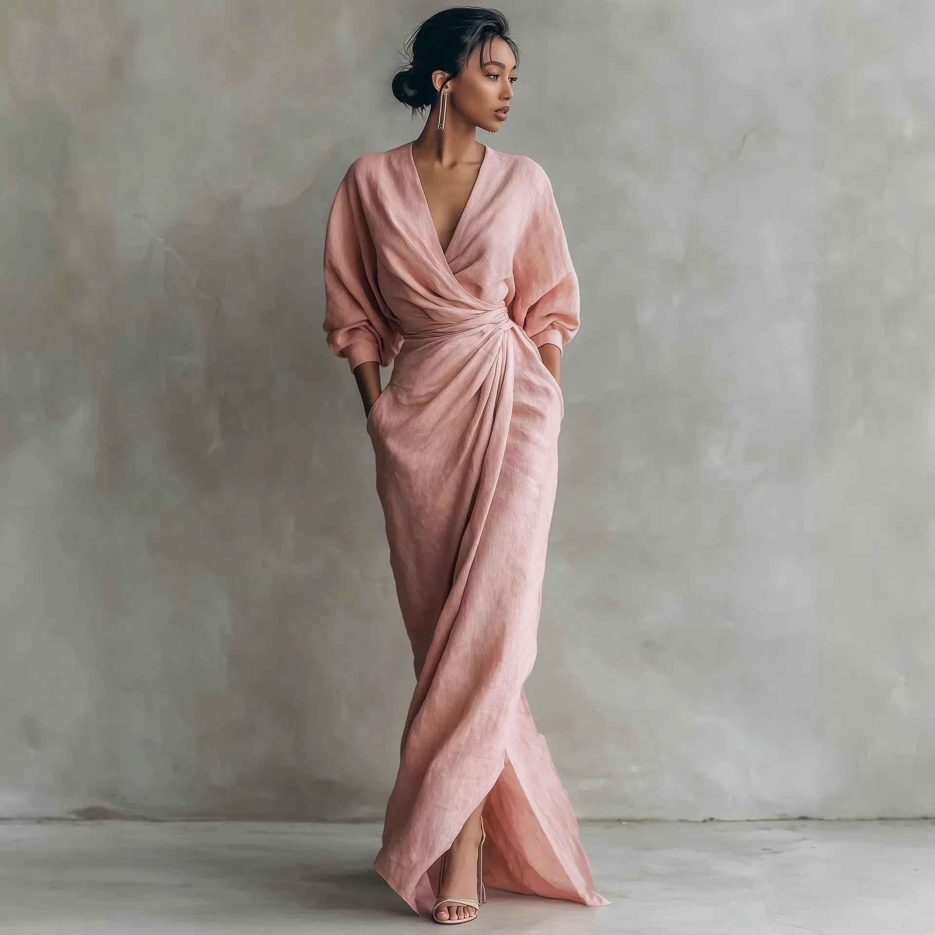 Women's Striped V Neck Twist Waist Puff Long Sleeve Slit Pocket Elegant Commute Comfortable Leisure Daily Wear Trendy Maxi Dress