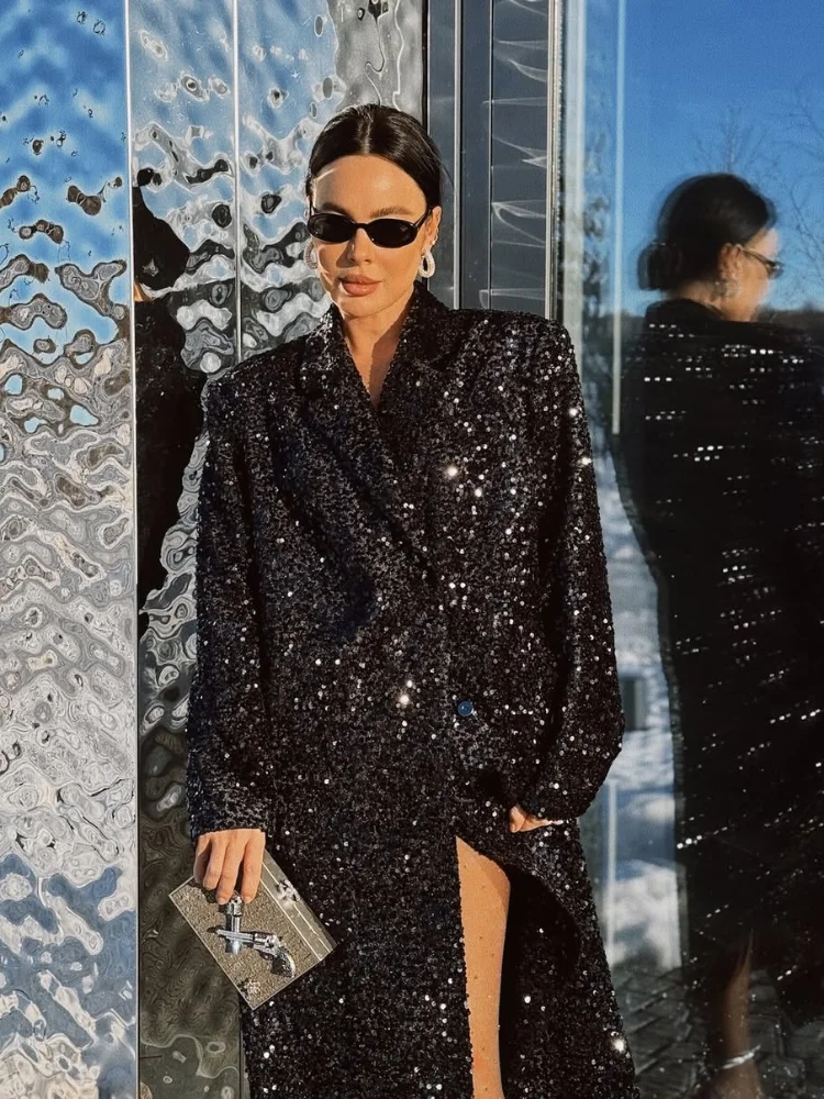 

Sequined Lapel Long Bomber Jacket Women Shining Turn-down Collar Full Sleeve Button Loose Coats Autumn Winter Warm Outerwear New