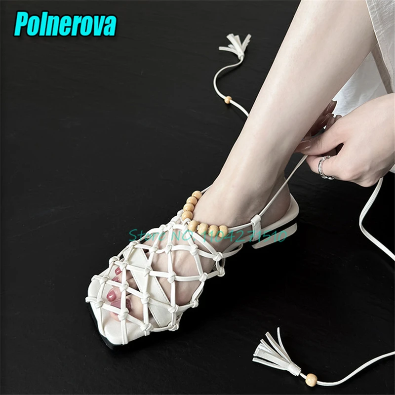 Fashion Designed Tassel Strap Roman Shoes for Women Summer New White Woven Lace-Up Thick Heel Sandals Vacation Beach Shoes