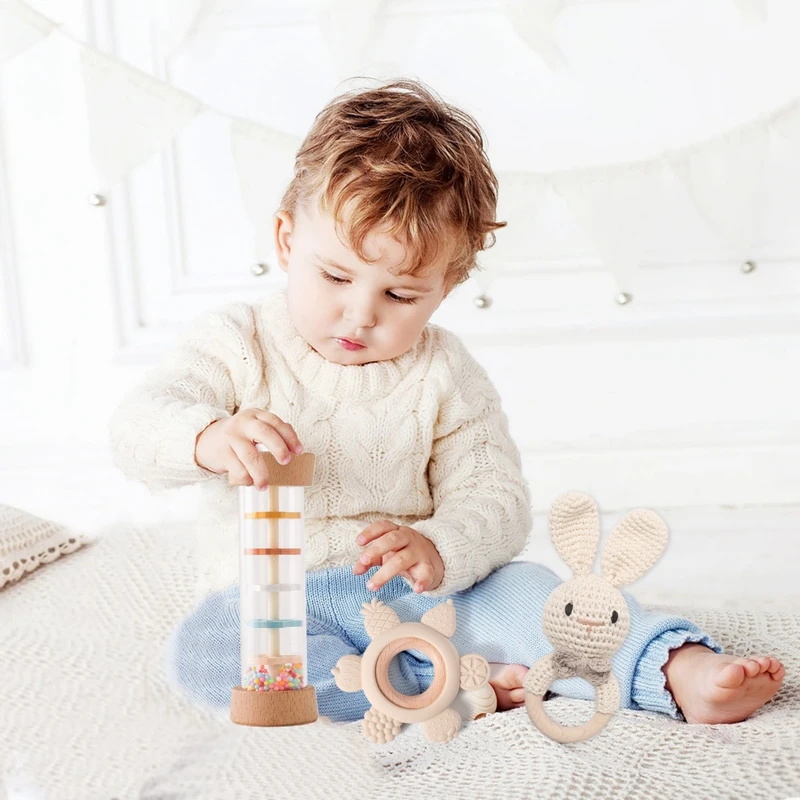 Baby Wooden Ratter Toys Kids Rain Stick Rainbow Hourglass Rain Music Rattle Toy Newborn Animal Crochet Rattle Ring Teether Gifts