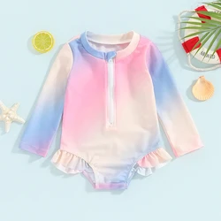 6M-4T Toddler Girls Rash Guard Gradient Color Long Sleeve Round Neck Swimsuits Zipper Bathing Suits