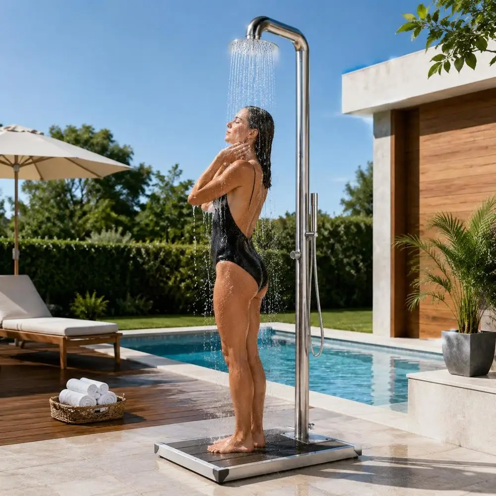 Colonne de douche extérieure, finition chromée avec tête réglable, raccordement eau froide, pour jardin, piscine, terrasse, base grise, 230 cm