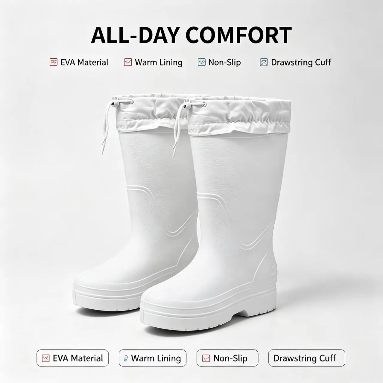 EVA Winter Rain Boots for Men Women, Fleece Lined Warm Waterproof Non‑Slip Mid‑Calf Shoes with Drawstring for Kitchen Work