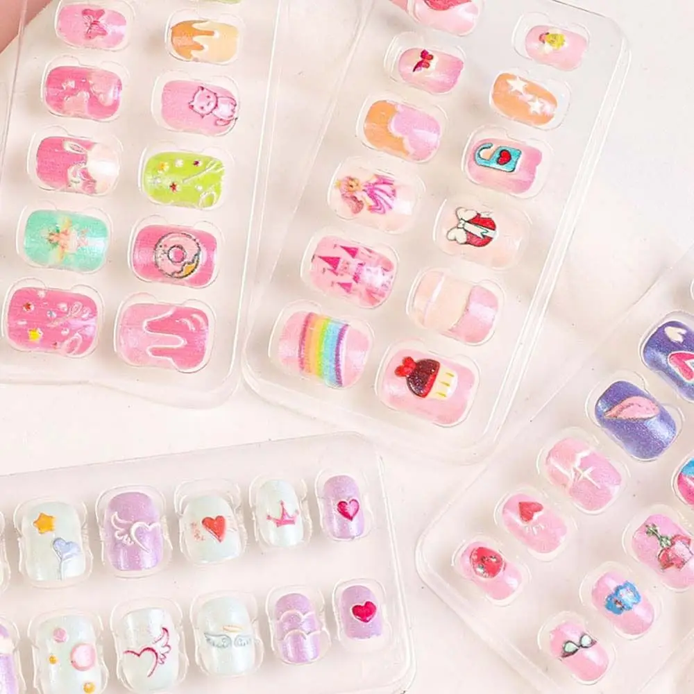 

12Pcs Fake Nails Tips for Kids Shiny Pink Girl Short Sticky False Nails Cute Self-adhesive False Nail Toy Cartoon Fingernails