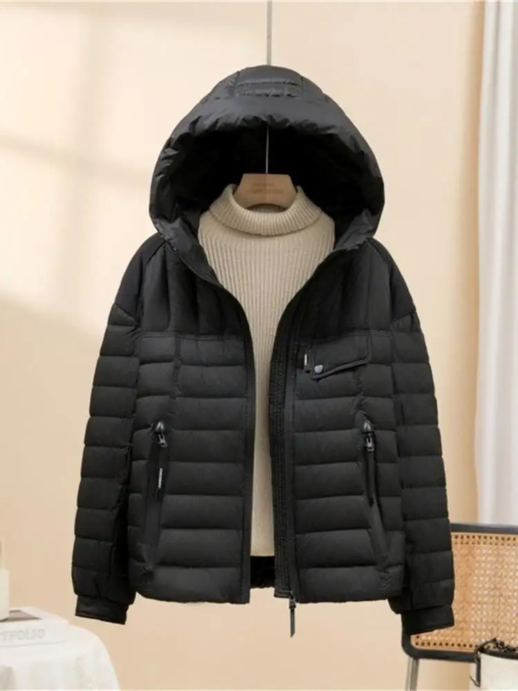 

Легкая женская пуховая куртка с капюшоном, белая, из натурального пуха, модная, свободного кроя, в корейском стиле, теплая, с пуговицами