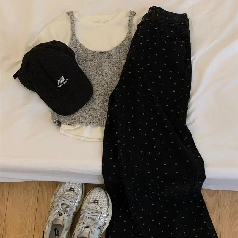 

Summer New Korean White Short Top+gray Knitted Suspender+polka Dot Wide Leg Pants Three Piece Set