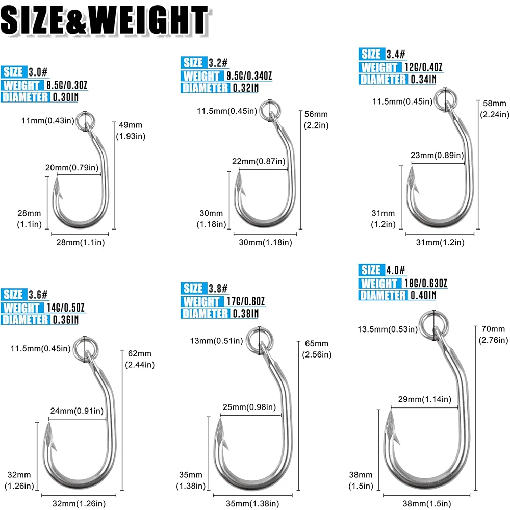 6Pcs Tuna Fishing Hooks Ringed Circle Hooks Stainless Steel Saltwater Big Game Live Bait Fishing Hooks for Tuna Catfish Shark