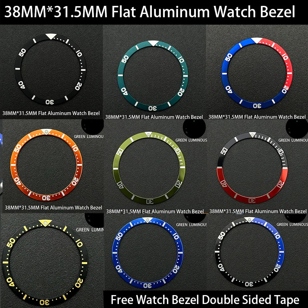 38mm 31.5mm Flat Watch Bezel Aluminum Sheet Ring Green Black Blue Red Watch Inserts Accessories with Double-Sided Tape for SKX