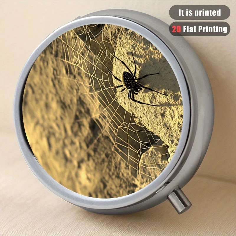 【Flat Printing】 1Pc Spider 13 Printed Round Multi-Purpose Metal Box, Small Portable Case with 3 Compartments, Suitable for Travel, Outdoor Exercise, Vitamin Storage, Multi-Compartment Organizer Box, Small Gift Collection Box, Printing Position May Vary