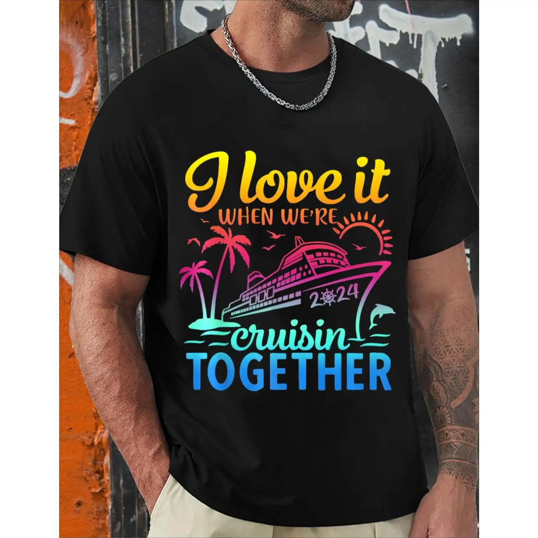 

Men'S "We Cruise Together" Graphic T-Shirt - 100% Cotton, Crew Neck, Short Sleeve, Regular Fit, Vibrant Cruise Ship & Palm Tree