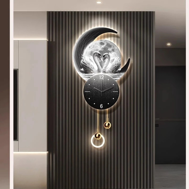 Nordic Living Room Swan Wall Clock Villa LED Digital Clock Restaurant Mute Quartz Clock Luxury Corridor Mural Watch Home Decor