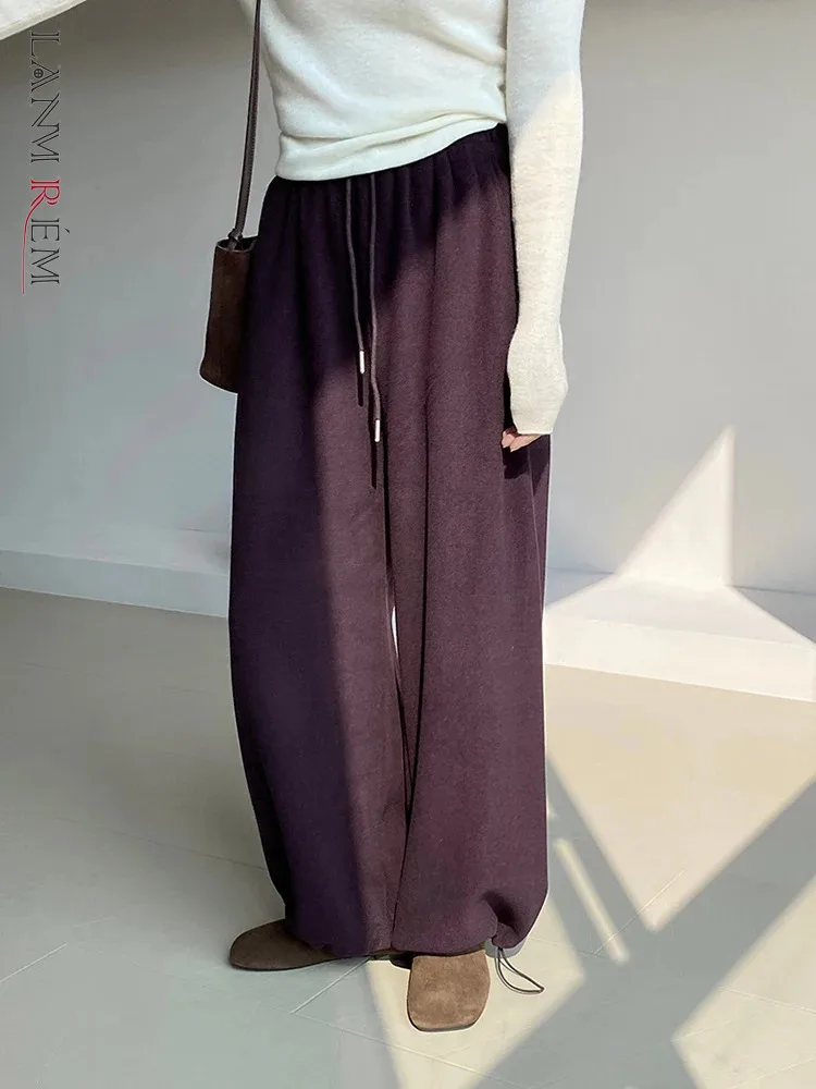 

[LANMREM] Drawstring Thick Warm Pants Women's High Waist Straight Loose Trousers Minimalism Clothes 2024 Winter New 26C1369