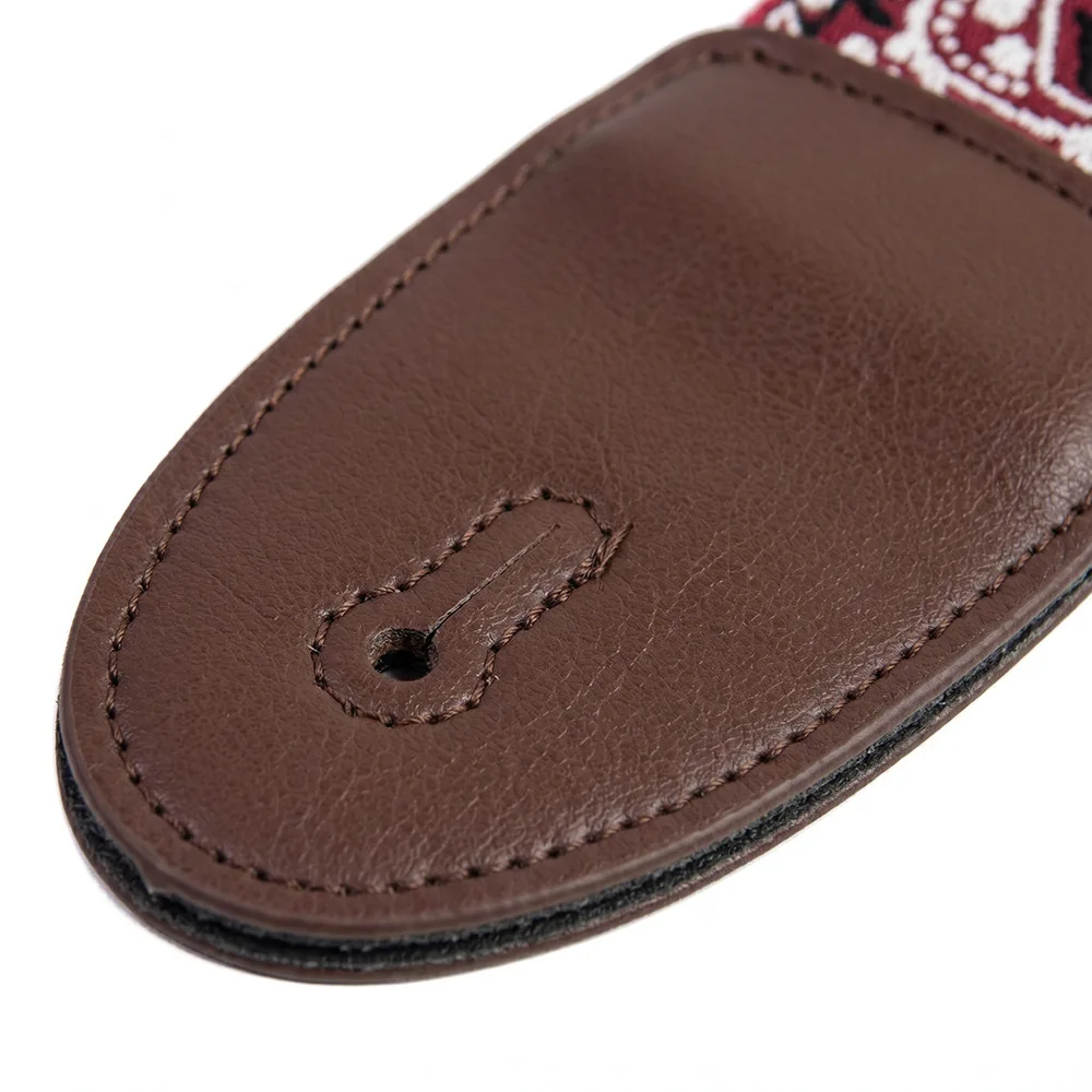 Brown Leather Burgundy Bohemian Embroidered Guitar Strap Thickened Widened Adjustable For Acoustic Electric Guitar Bass