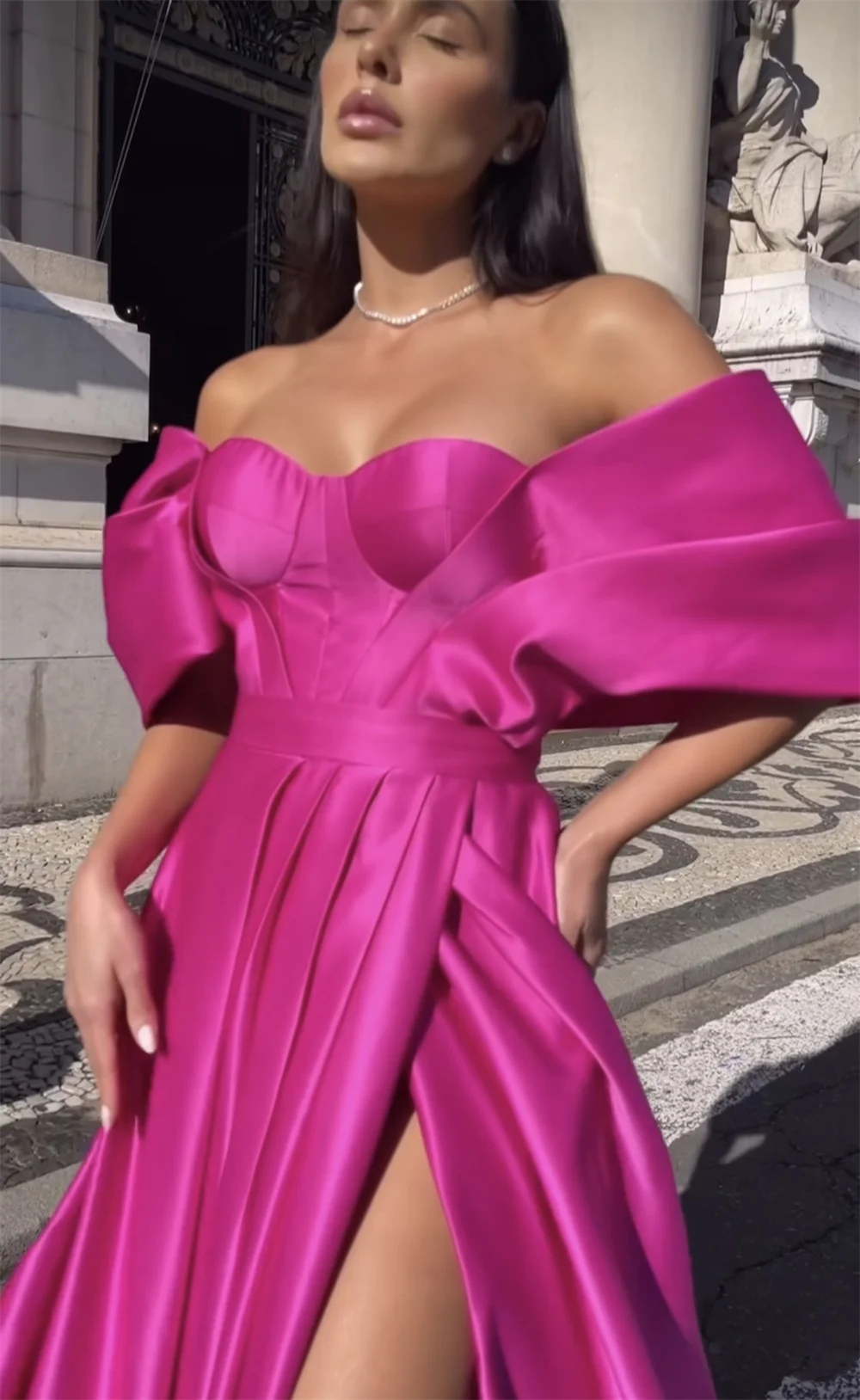 Jessica Hot Pink Prom Dresses Sexy Off-the-shoulder Satin Evening Dress Formal Occasions Elegant Lady Wedding Party Dress