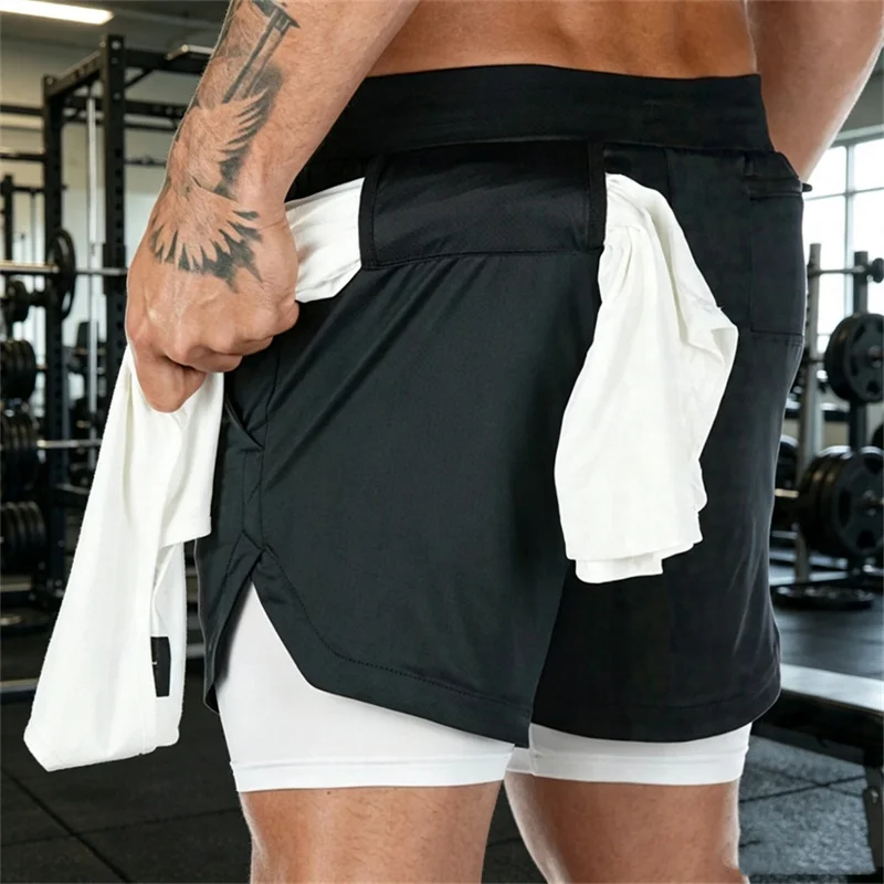NEW Summer 2 in1 mesh Shorts Men Workout quick-dry double-deck Shorts with Phone Pocket Towel Loop Sport multi-pocket men shorts