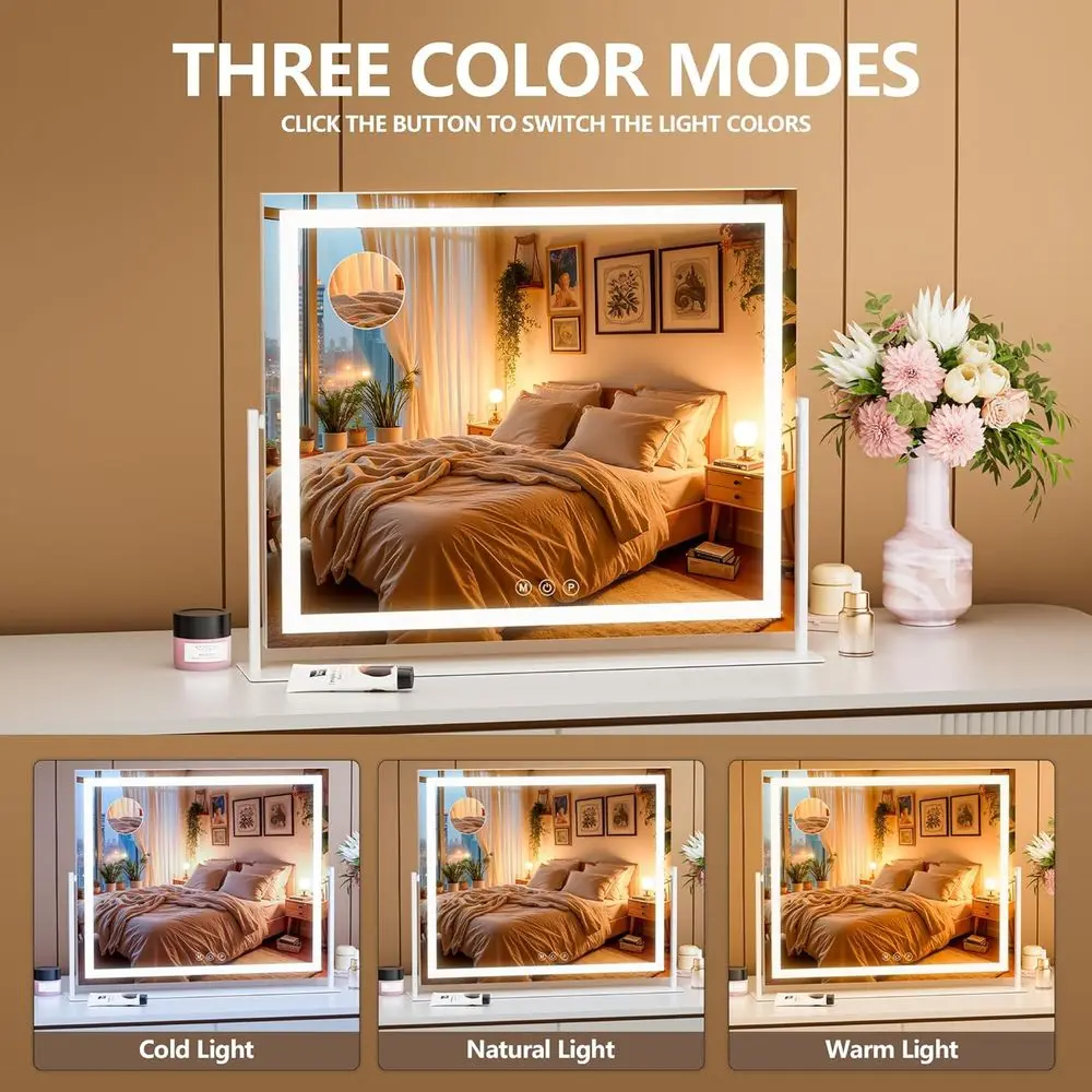 Espejo LED de tocador cuadrado de 26 x 22, luz de 3 colores con pantalla táctil, espejo de maquillaje regulable para escritorio