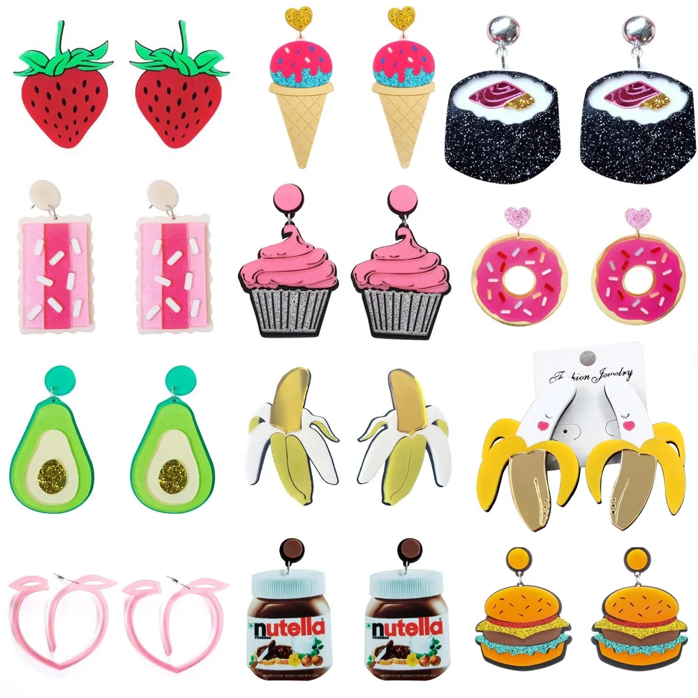 Fruit Mixed Food Acrylic Earrings For Women Donuts Candy Ice cream Cake Strawberry Cookies Avocado Drink Earrings Jewelry Gifts