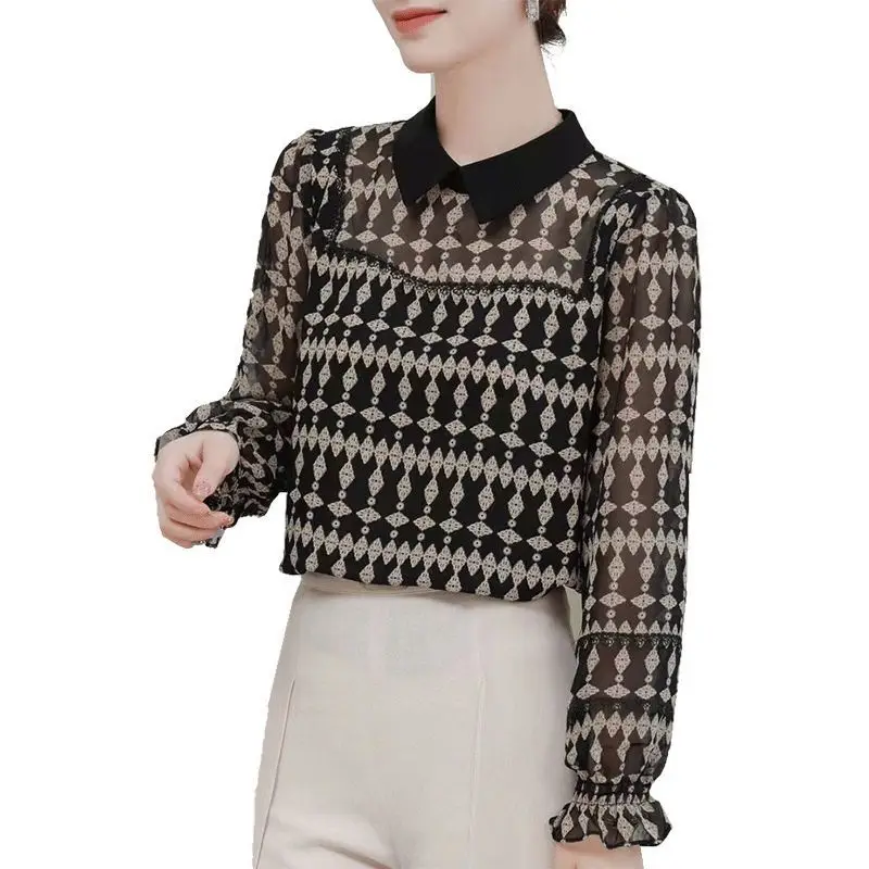 Elegance Office Lace Patchwork Blouse Women New Breathable Long Sleeve Turn-down Collar Fashion All-match Chiffon Shirt 2022