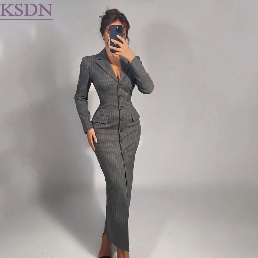 Grey Pinstripe Women Blazer Skirts Sheath Single Breasted Peak Lapel Fitted Hourglass Waist Long Sleeve Front Slit Midi Dress