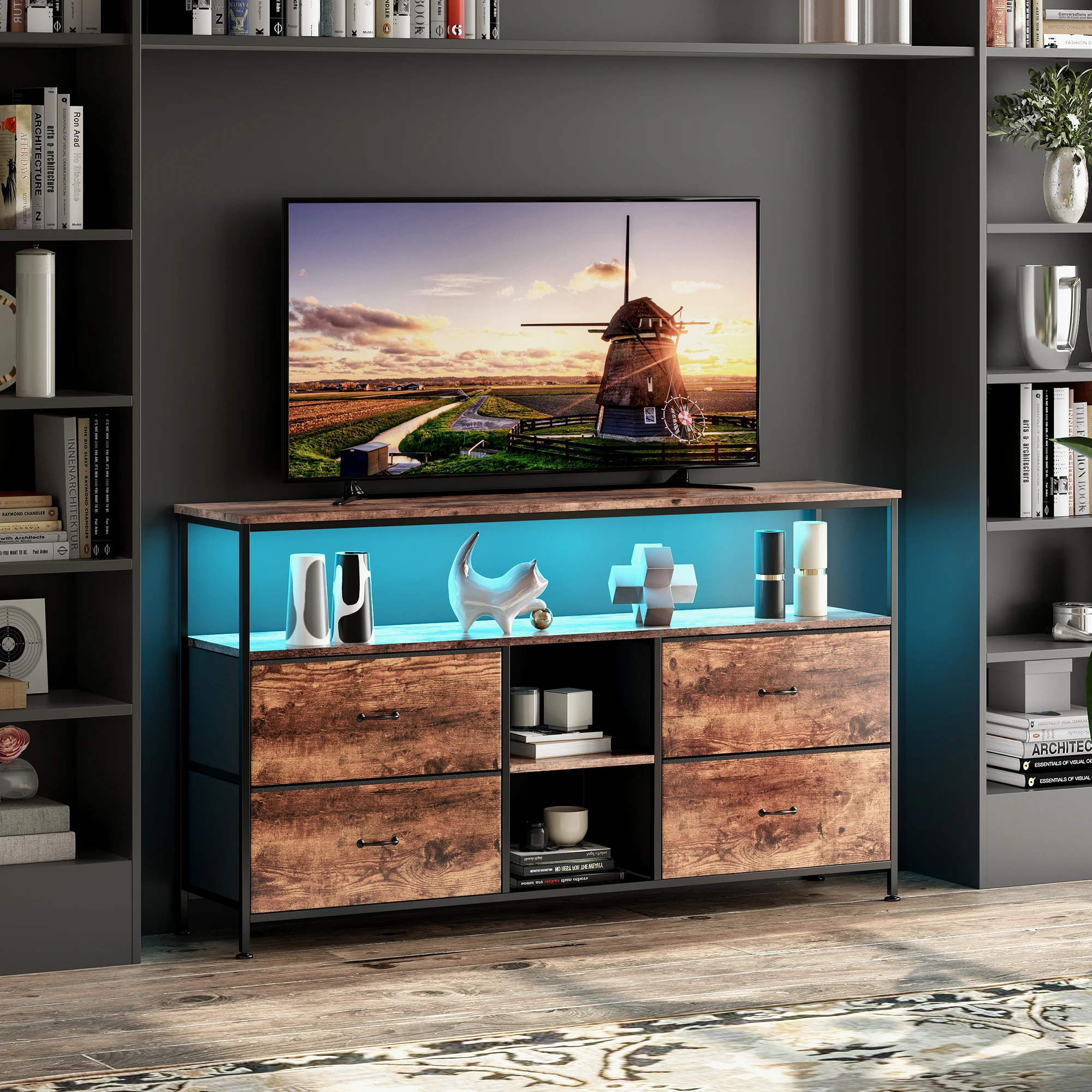 Mueble para TV Fangange con 4 Cajones de Tela, Consola Multimedia Compacta para Dormitorio o Sala de Estar, Mueble para Televisor