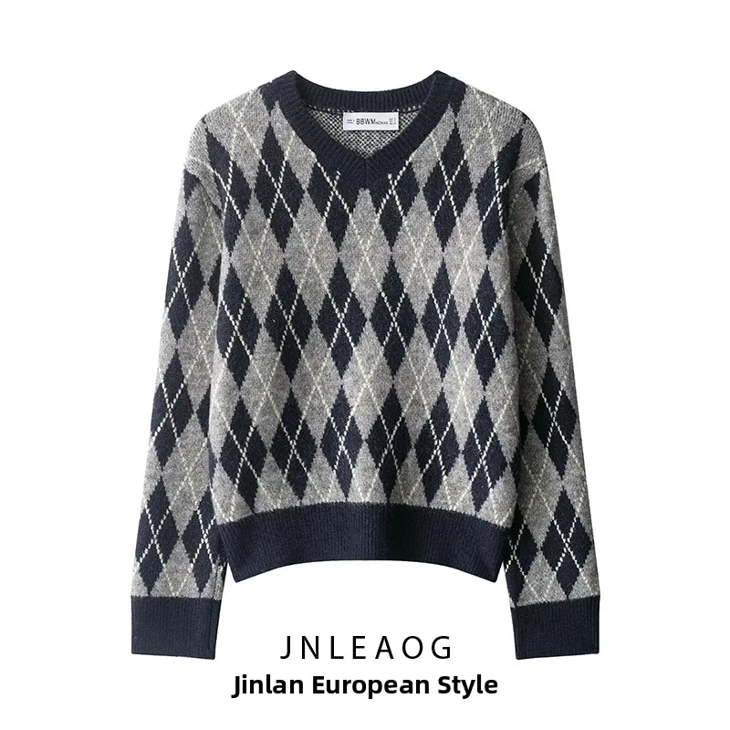 سترة نسائية أنيقة من JNLEAOG بنمط الماس المحبوك، تصميم فضفاض بأكمام طويلة وياقة على شكل V، مصنوعة من ألياف البوليستر، إصدار ج...