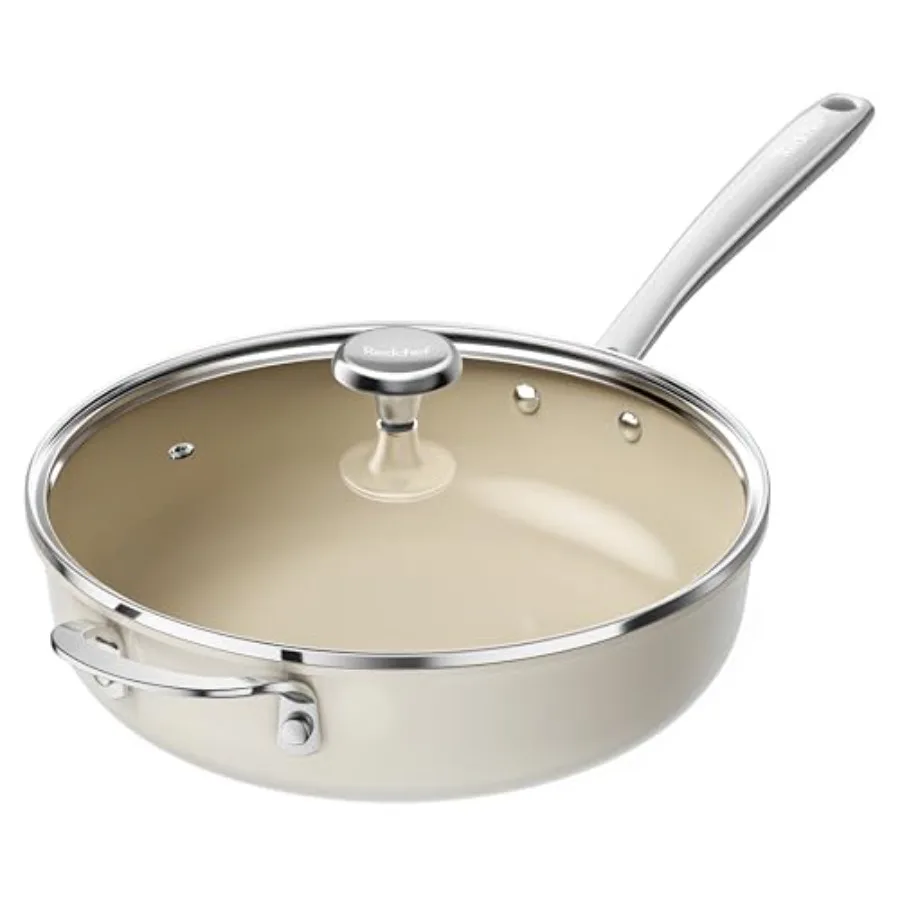 

Ceramic Saute Pan with Lid, Nonstick Deep Frying Pan, 5QT Jumbo Cooker with Helper Handle and Lid, Non Toxic Ceramic Cooking Pa