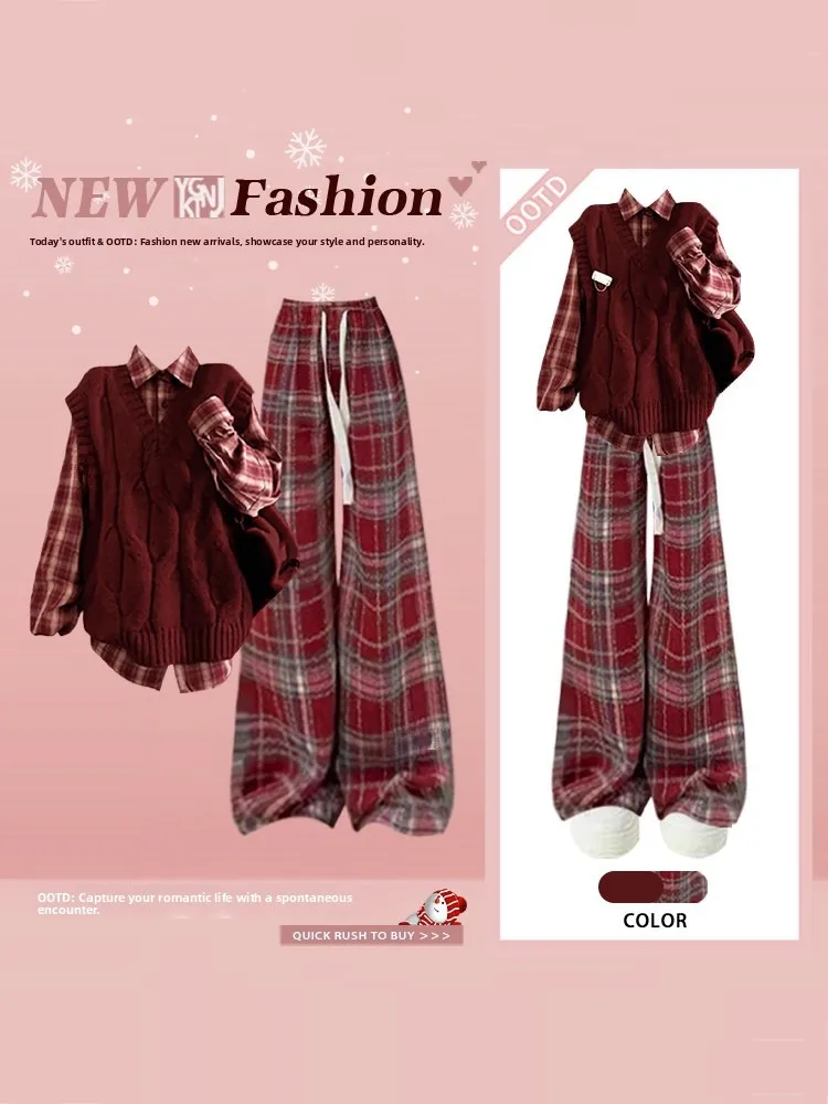 Autumn Winter Vintage Knitted Vest And irt Casual Pants Set Women's Anti-Aging Ensemble High Waist Trousers Long Sve rou...