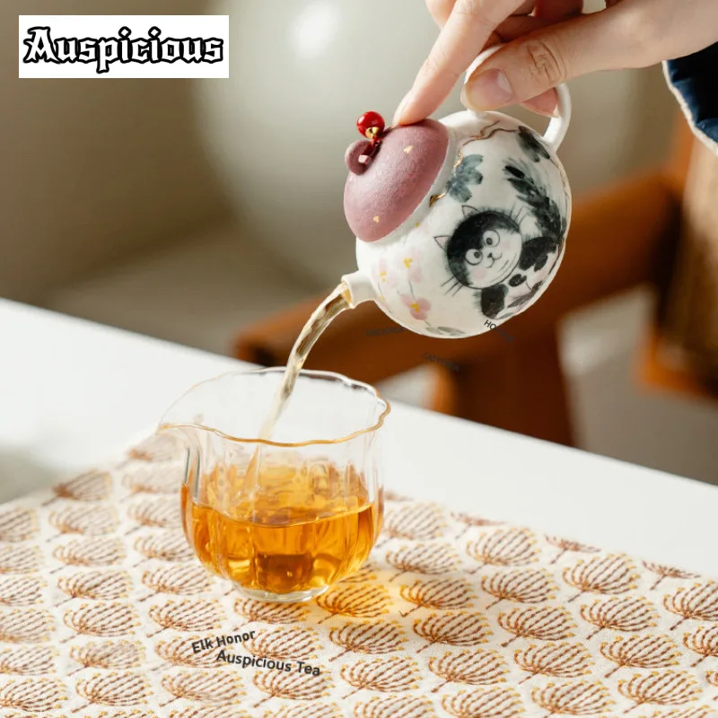 145ml Hand-painted Cat Rock White Teapot Antique Tea Infuser Pot Tea Soaking Kettle With Strainer Teaware Accessories Craft Gift