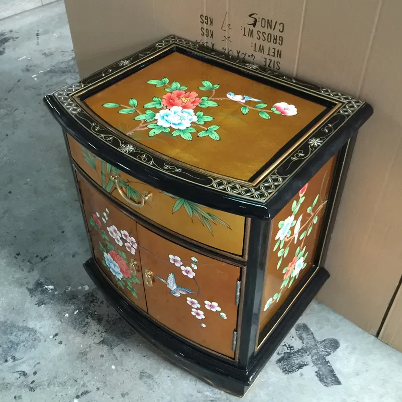 Bedside Table Bright Paint Gold Foil Furniture One Drawer Two Door Cabinet Living Room Storage Locker Flower Pattern