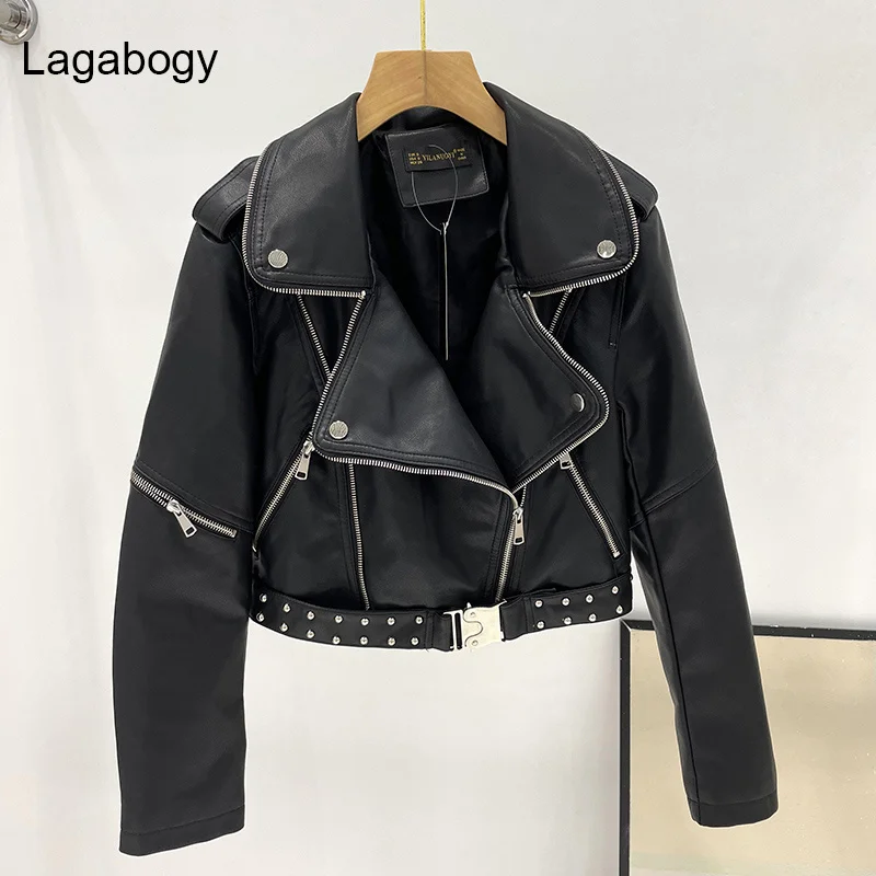 

Autumn Faux Lagabogy Women New Leather Spring Jacket Soft PU Moto Biker Coat Female High Quality Zipper Rivet Punk Outwear