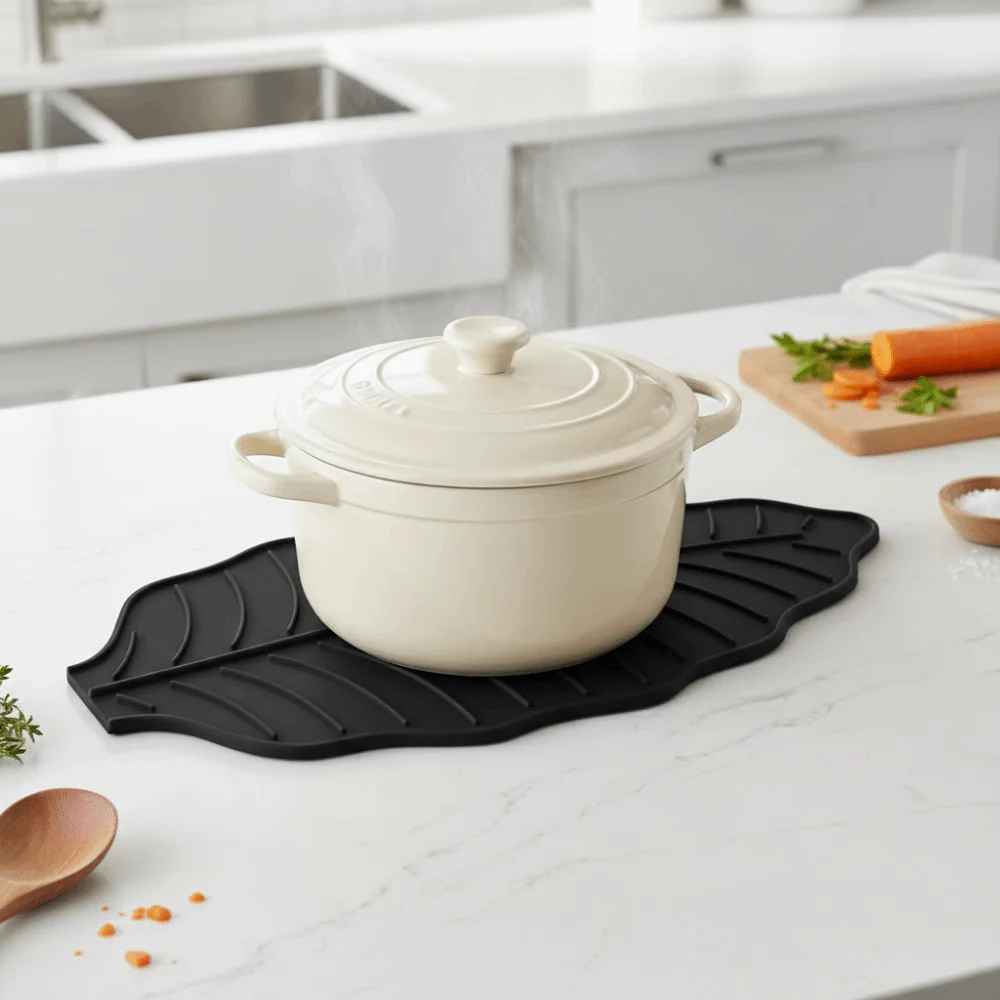 Silicone Leaf Shape Kitchen Dish Draining Mat Heat-Resistant Slop Design Sink Counter-top Mat Thickened Water Guide Groove