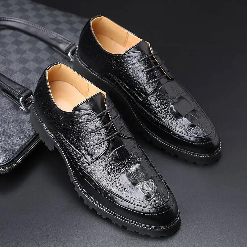 

Business Casual Shoes Crocodile Pattern British Sharp Head Thick Bottom Wedding Leather Shoes Young Leisure Fashionable Shoes